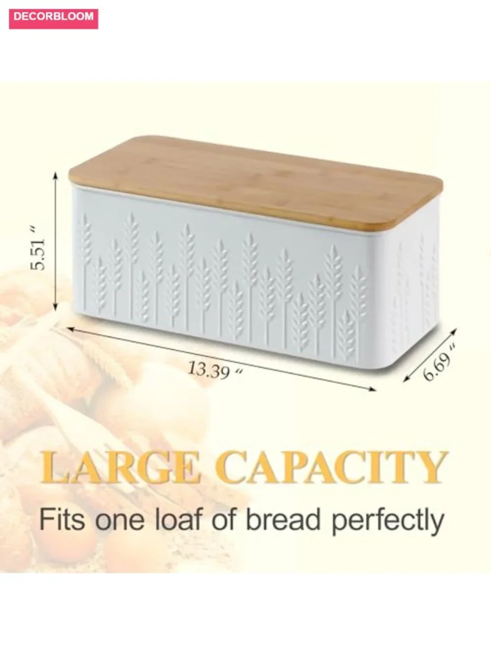 White Ear of Wheat Embossed Bread Box with Bamboo Lid